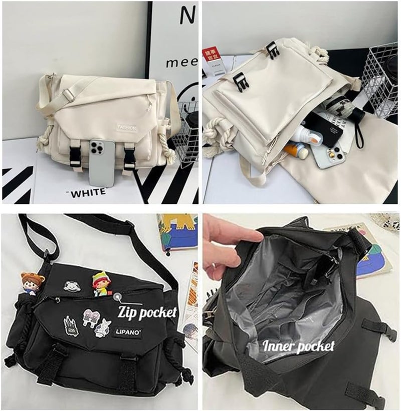 INSHERE Aesthetic Crossbody Bag with Cute Pins and Ornament, Nylon Shoulder Messenger Bag Japanese Kawaii Bag for Women Men - Image 5